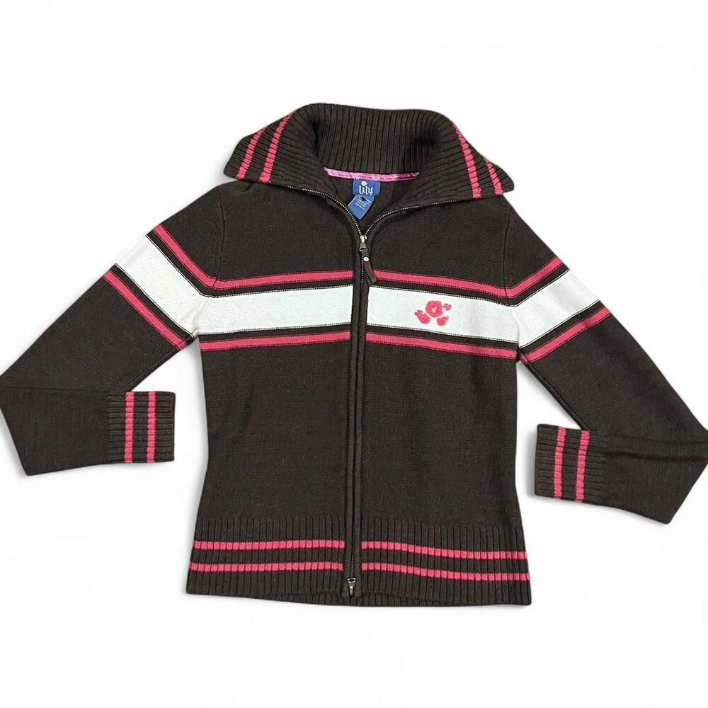 Y2K Vintage Lilu pink, white, and, brown full zip-up striped sweater. Large.